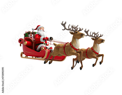 Santa Claus figurine riding in a red Christmas sleigh pulled by two reindeer.