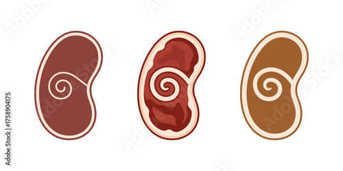 Minimalist Raw Meat Steak Icon Set: Butcher Shop Beef Cut Illustration. Plant-Based: Raw Meat Icon for Vegan Day Concept. Veganism Choice Icon: Symbolic Meat Cut Vector. Kidney Bean Shaped Food Icon.