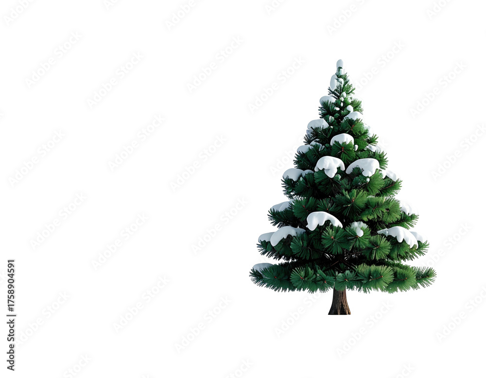 Fototapeta premium A beautiful green Christmas tree covered in fresh white snow isolated on a white background.
