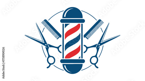 Barber pole and scissors logo emblem for hair cutting salon and grooming services vector