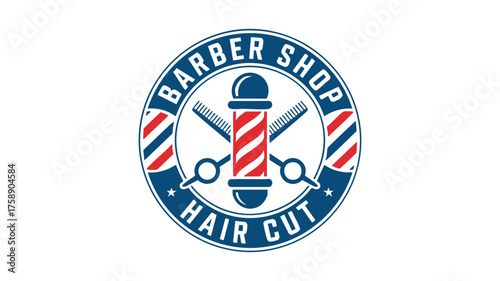 Classic barber shop pole scissors hair cut circular emblem logo design vector