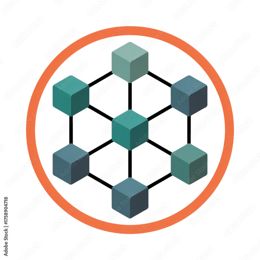 Obraz premium Interconnected 3D cubes forming a hexagonal grid within a circular gradient frame network isolated on a transparent background