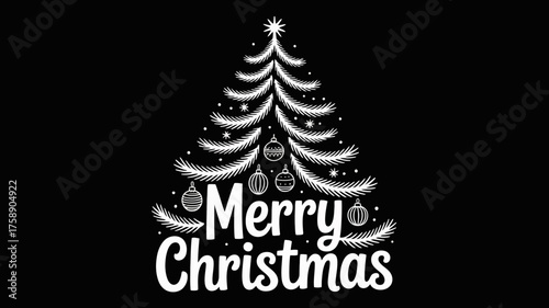 Merry christmas stylized lettering with a decorated pine tree and ornaments