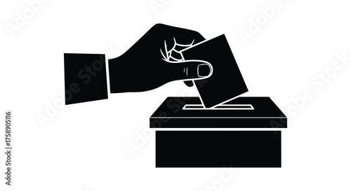A hand in a suit sleeve casts a ballot into a dark voting box silhouette