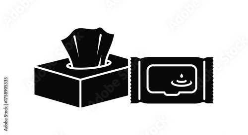 Black silhouette of a tissue box with tissues and a packet of wet wipes on a white background