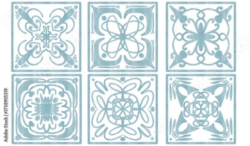 six tiles with blue watercolor patterns