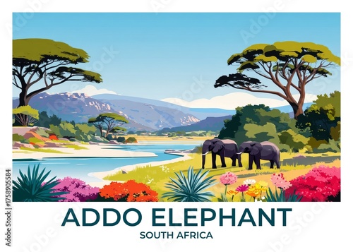 Addo Elephant National Park, South Africa Flat Retro Poster illustration, Landscape Travel Wall Art, Vintage High quality prints