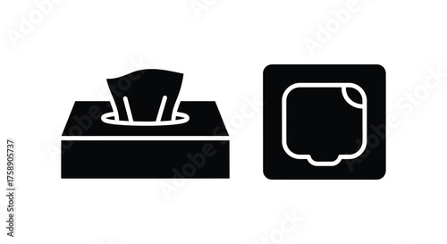 Two black silhouette icons representing a tissue box and a wet wipe packet for hygiene and cleaning purposes silhouette