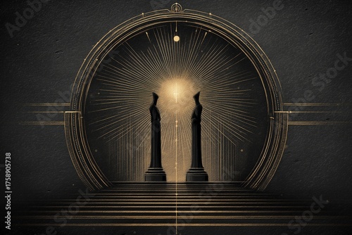 Statues stand in a glowing archway, surrounded by radiant light and intricate patterns in a mystical setting