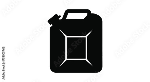 A stark black silhouette of a classic jerrycan fuel container with a handle and spout on a white background
