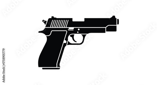 A stark black silhouette of a semi automatic handgun against a clean white background showcasing its iconic shape and design silhouette