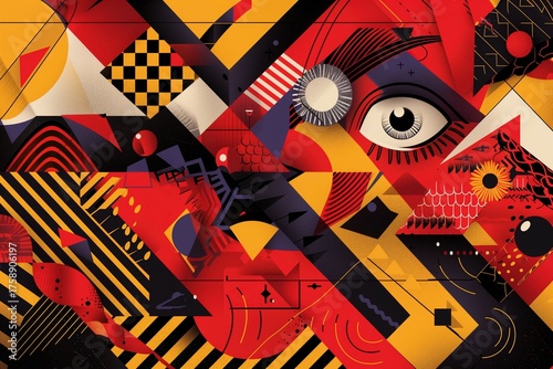 Colorful abstract mural displaying geometric patterns and an eye in a vibrant urban setting