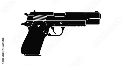 A detailed black silhouette of a semi automatic handgun pistol against a white background silhouette
