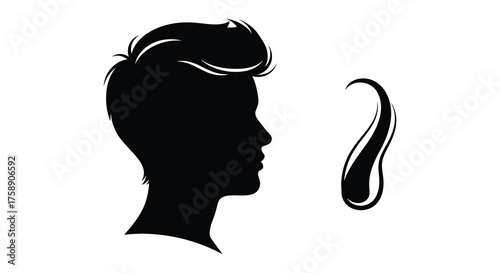 Stylized black silhouette profile of a person s head with a distinct pompadour hairstyle and a separate flowing strand of hair silhouette