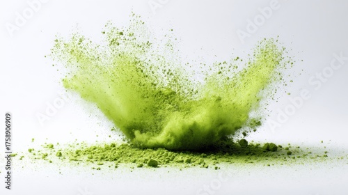 A captivating shot of a vibrant matcha powder explosion, showcasing the power and beauty of nature