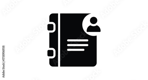 Simple black silhouette of an open address book with a person icon and lines representing text