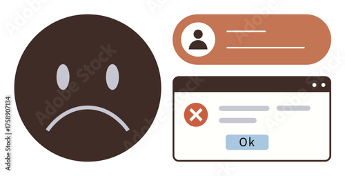 Large sad face with error window and profile details panel symbolize user login error, rejection, or failure notification. Ideal for technology, error, failure, frustration, login issues, rejection