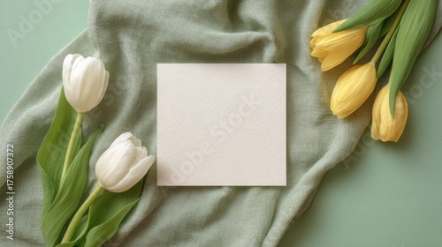 A blank greeting card with delicate tulips on a soft fabric backdrop. This image captures the essence of spring and thoughtful communication.