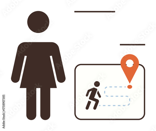 Female figure symbol beside a map featuring a walking silhouette and a location marker. Ideal for travel, navigation, direction, wayfinding, mobility, journey planning, simplicity. Clean flat