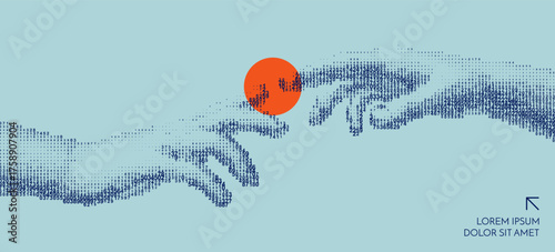 Hands reaching towards each other. Сascading digital code matrix. Concept of digitalization and artificial intelligence. 3D illustration for banner, flyer, poster, cover or brochure.