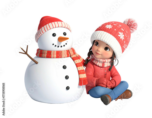 Charming figurine of a little girl sitting next to her snowman friend.