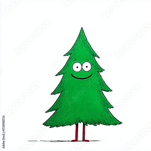 Happy cartoon Christmas tree character with smiling face