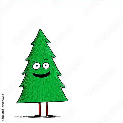 Happy cartoon Christmas tree character with smiling face