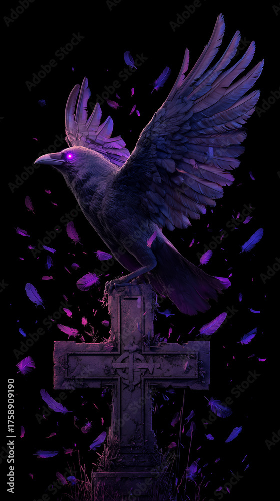 Obraz premium A Mysterious Raven Perched atop a Gravestone with wings spread wide 