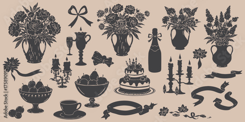 party,celebration,dessert large icon set flower cake ice cream wine bottle glass objects silhouette vector graphic design flat symbols