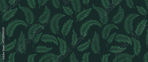 Seamless pattern of dark green fern leaves on a dark green background vector illustration