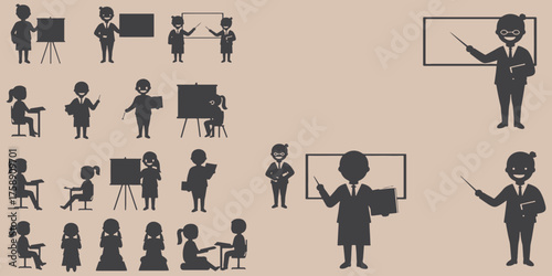 Various silhouettes of teachers and students in a classroom setting with boards and desks shown too