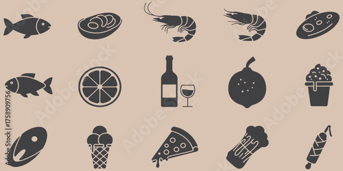 A collection of food and drink icons including seafood pizza and desserts on a neutral background silhouette
