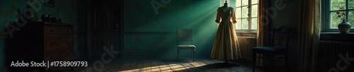 Vintage Dress Draped on Antique Chair in Dimly Lit Room Mysterious Elegance for Novel or Film