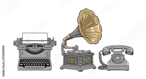 Vintage collection showcasing a classic typewriter, phonograph, and rotary phone