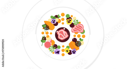 Elegant dish presentation featuring tuna, edible flowers, and vibrant sauces for gourmet dining