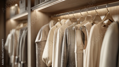Stylish clothes hanging neatly in a modern wardrobe, evoking a sense of elegance and order. The soft lighting highlights the neutral tones of the garments.