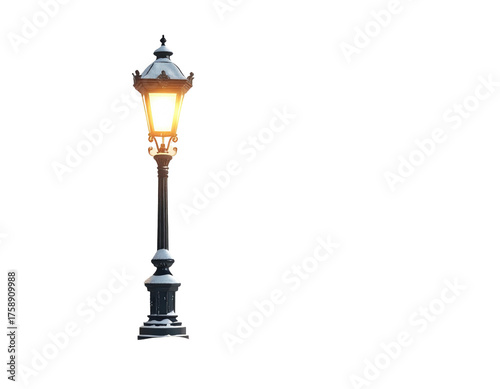 Ornate black vintage lamppost with a warm glowing light isolated on white.