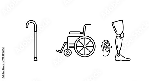 Disability support aids showcase: Wheelchair, hearing aid, prosthetic leg and walking stick