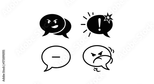 Expressive speech bubbles showcase diverse emotions in modern communication styles icon set
