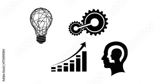 Innovative mindset creates business growth with solutions, brainstorming and strategy icons