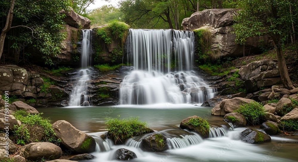 Fototapeta premium A tranquil waterfall cascades over mossy rocks, surrounded by lush greenery and tranquil water, creating a serene and peaceful natural scene.