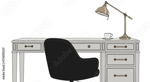Elegant desk setup with lamp and chair, ideal for modern workspace designs and home offices