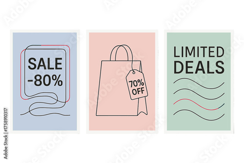 Shopping and sales linear icon set. featuring sale, discount, bag, price tag, and offer symbols