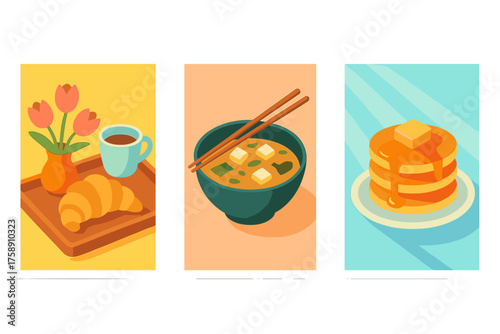 Breakfast foods flat icon set. featuring coffee, croissant, miso soup, pancakes, and butter