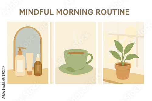 Mindful morning flat icon set. featuring lotion, tea cup, houseplant, skincare, and window view symbols
