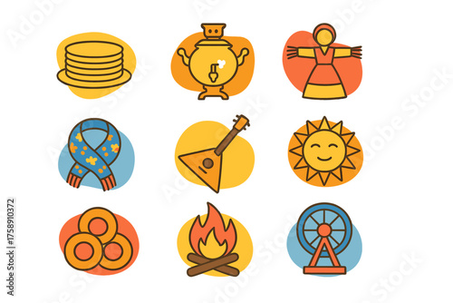Russian culture linear icon set. featuring blini, samovar, matryoshka, balalaika, sun, donuts, campfire, ferris wheel