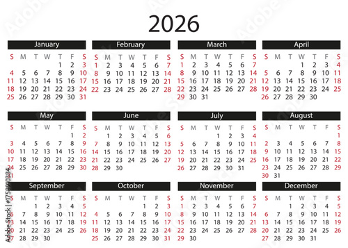 2026 Full-Year Calendar With Highlighted Weekends and Bold Month Headers.