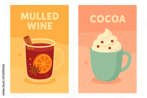 Winter drinks flat icon set. featuring mulled wine, cocoa, with cinnamon, orange, whipped cream, and chocolate