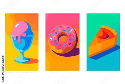 Dessert silhouette icon set. featuring ice cream, donut, and pie symbols
