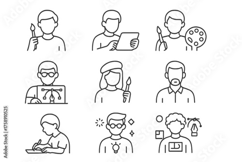 Artistic professions linear icon set. featuring painter, digital artist, vector designer, sculptor, art director